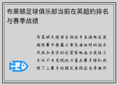 布莱顿足球俱乐部当前在英超的排名与赛季战绩